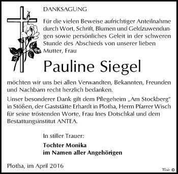 Traueranzeige von Pauline Siegel von Mitteldeutsche Zeitung Weißenfels
