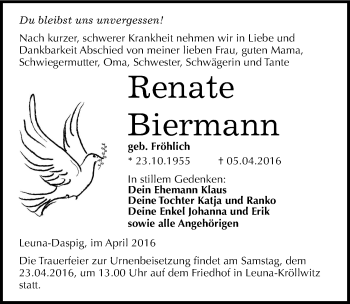 Traueranzeige von Renate Biermann von Mitteldeutsche Zeitung Merseburg/Querfurt