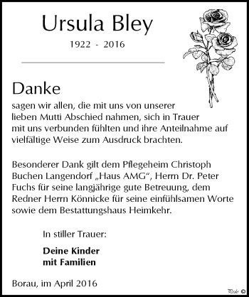 Traueranzeige von Ursula Bley von Mitteldeutsche Zeitung Weißenfels