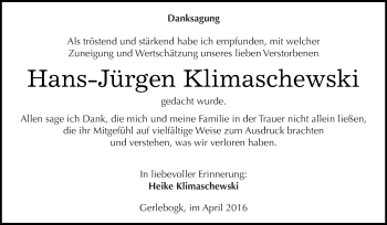 Traueranzeige von Hans-Jürgen Klimaschewski von Super Sonntag Bernburg