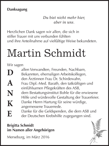 Traueranzeige von Martin Schmidt von WVG - Wochenspiegel Merseburg