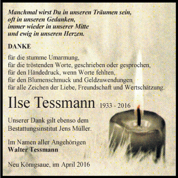 Traueranzeige von Ilse Tessmann von Super Sonntag Aschersleben