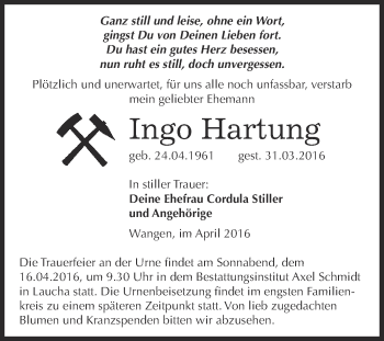Traueranzeige von Ingo Hartung von WVG - Wochenspiegel NMB / WSF / ZTZ