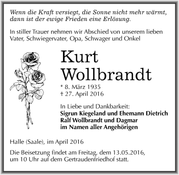 Traueranzeige von Kurt Wollbrandt von Mitteldeutsche Zeitung Halle/Saalkreis
