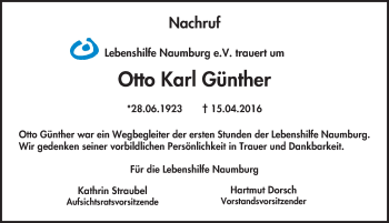Traueranzeige von Otto Karl Günther von Mitteldeutsche Zeitung Naumburg/Nebra