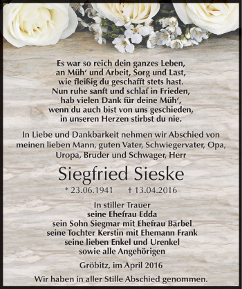 Traueranzeige von Siegfried Sieske von Mitteldeutsche Zeitung Weißenfels