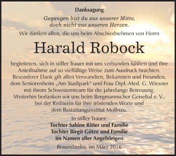 Traueranzeige von Harald Robock von WVG - Wochenspiegel Merseburg