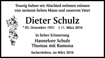 Traueranzeige von Dieter Schulz von WVG - Wochenspiegel Quedlinburg