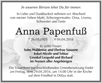 Traueranzeige von Anna Papenfuß von Mitteldeutsche Zeitung Halle/Saalkreis