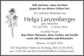Traueranzeige von Helga Lanzenberger von WVG - Wochenspiegel Dessau / Köthen