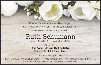 Traueranzeige von Ruth Schumann von Mitteldeutsche Zeitung Bitterfeld