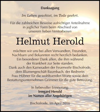 Traueranzeige von Helmut Herold von Wochenspiegel Mansfelder Land