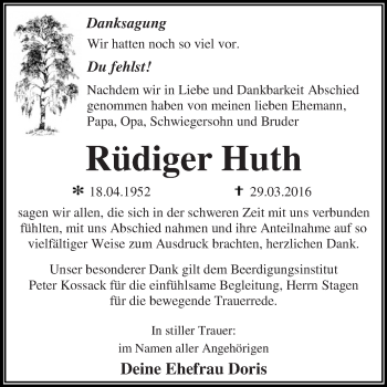 Traueranzeige von Rüdiger Huth von WVG - Wochenspiegel Dessau / Köthen