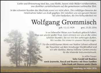 Traueranzeige von Wolfgang Grommisch von WVG - Wochenspiegel Wittenberg