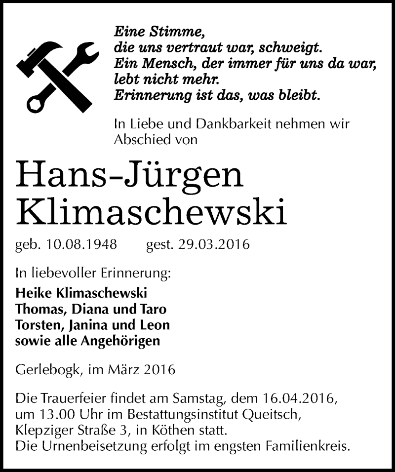  Traueranzeige für Hans-Jürgen Klimaschewski vom 02.04.2016 aus Mitteldeutsche Zeitung Bernburg