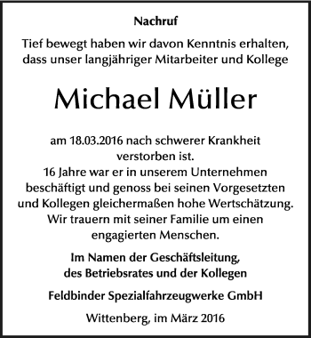 Traueranzeige von Michael Müller von Mitteldeutsche Zeitung Wittenberg