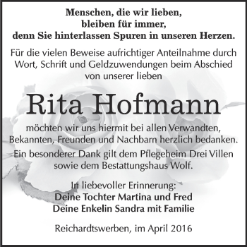 Traueranzeige von Rita Hofmann von WVG - Wochenspiegel NMB / WSF / ZTZ