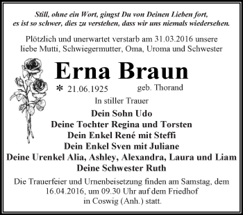 Traueranzeige von Erna Braun von WVG - Wochenspiegel Dessau / Köthen