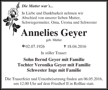 Traueranzeige von Annelies Geyer von WVG - Wochenspiegel Dessau / Köthen