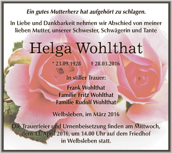 Traueranzeige von Helga Wohlhat von Wochenspiegel Mansfelder Land