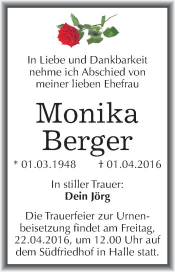 Traueranzeige von Monika Berger von Mitteldeutsche Zeitung Halle/Saalkreis
