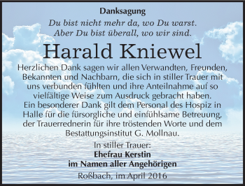 Traueranzeige von Harald Kniewel von Mitteldeutsche Zeitung Merseburg/Querfurt