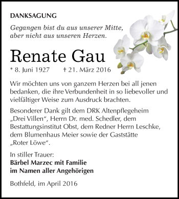 Traueranzeige von Renate Gau von Super Sonntag Merseburg