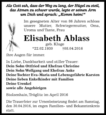 Traueranzeige von Elisabeth Ablass von Mitteldeutsche Zeitung Zeitz