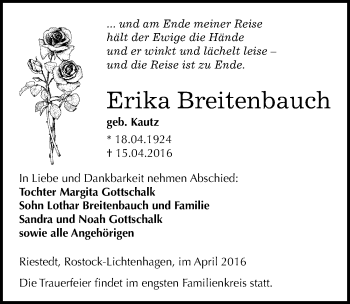 Traueranzeige von Erika Breitenbauch von Mitteldeutsche Zeitung Sangerhausen