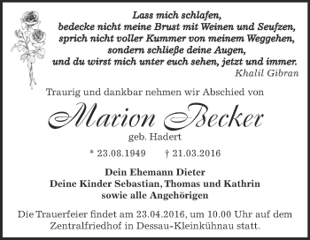 Traueranzeige von Marion Becker von WVG - Wochenspiegel Dessau / Köthen