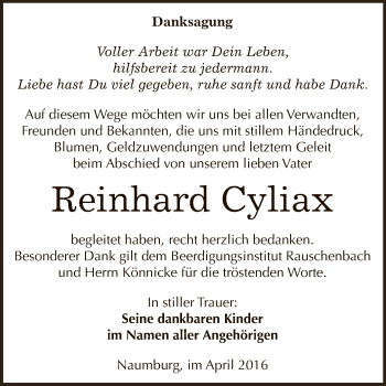 Traueranzeige von Reinhard Cyliax von WVG - Wochenspiegel NMB / WSF / ZTZ