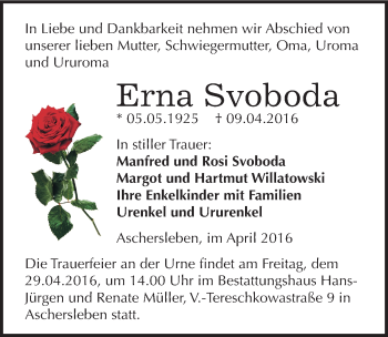 Traueranzeige von Erna Svoboda von Mitteldeutsche Zeitung Aschersleben