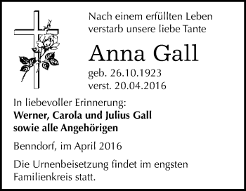 Traueranzeige von Anna Gall von Wochenspiegel Mansfelder Land