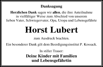 Traueranzeige von Horst Lubert von Mitteldeutsche Zeitung Dessau-Roßlau