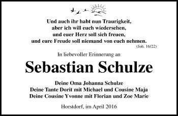 Traueranzeige von Sebastian Schulze von Mitteldeutsche Zeitung Wittenberg