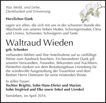 Traueranzeige von Waltraud Wieden von Mitteldeutsche Zeitung Mansfelder Land