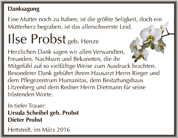 Traueranzeige von Ilse Probst von Wochenspiegel Mansfelder Land