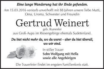 Traueranzeige von Gertrud Weinert von WVG - Wochenspiegel Dessau / Köthen