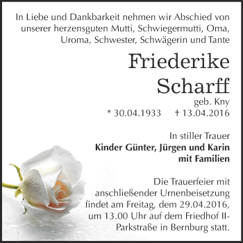 Traueranzeige von Friederike Scharff von Super Sonntag Bernburg