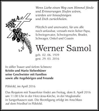Traueranzeige von Werner Samol von WVG - Wochenspiegel SGH