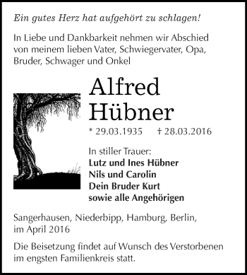 Traueranzeige von Alfred Hübner von WVG - Wochenspiegel SGH