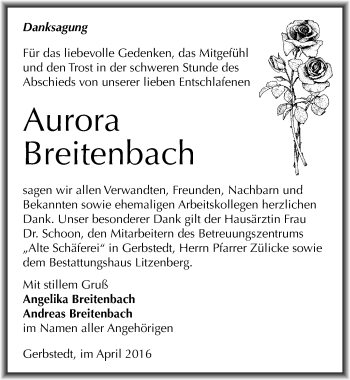 Traueranzeige von Aurora Breitenbach von Mitteldeutsche Zeitung Mansfelder Land