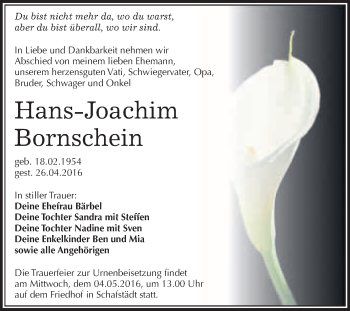 Traueranzeige von Hans-Joachim Bornschein von WVG - Wochenspiegel Merseburg