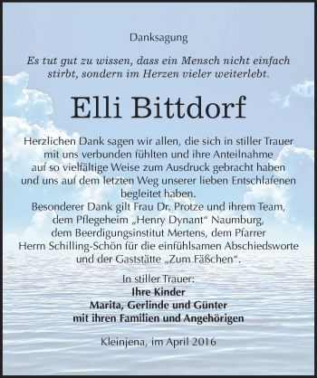 Traueranzeige von Elli Bittdorf von Mitteldeutsche Zeitung Naumburg/Nebra