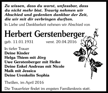 Traueranzeige von Herbert Gerstenberger von Mitteldeutsche Zeitung Zeitz