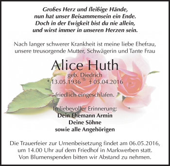 Traueranzeige von Alice Huth von Mitteldeutsche Zeitung Weißenfels