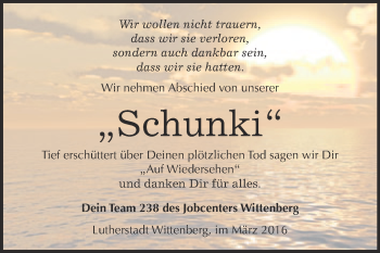 Traueranzeige von Schunki  von Super Sonntag Wittenberg