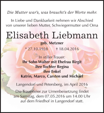 Traueranzeige von Elisabeth Liebmann von Mitteldeutsche Zeitung Weißenfels