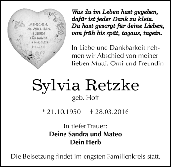 Traueranzeige von Sylvia Retzke von Mitteldeutsche Zeitung Dessau-Roßlau