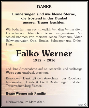 Traueranzeige von Falko Werner von WVG - Wochenspiegel NMB / WSF / ZTZ